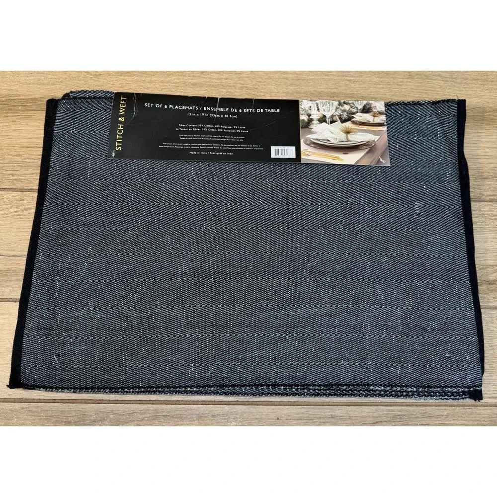 Stitch & Weft Set Of 6 Placemats Charcoal Black Gray Metallic Tencil 13x19 NWT